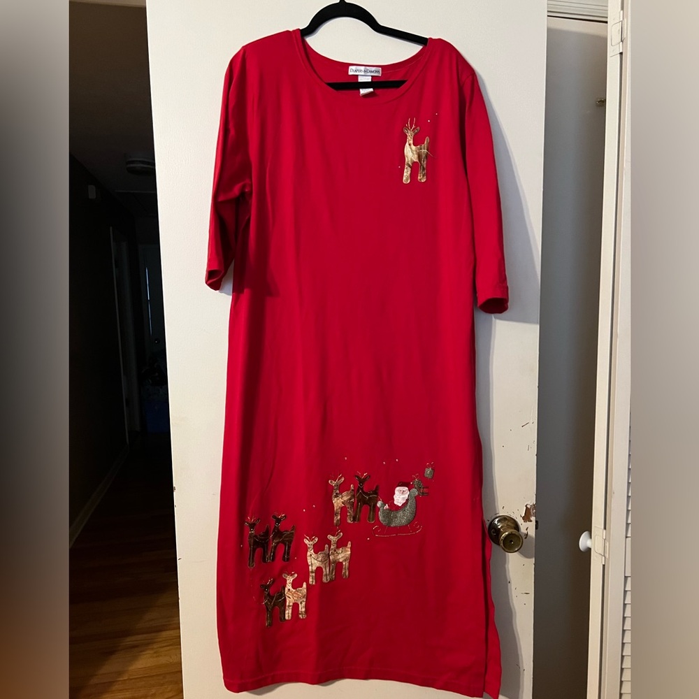 SOLD Sz L Christmas Long Red PJ Nightgown Santa Claus & Reindeer